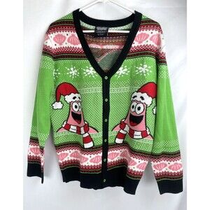 Spongebob Squarepants Cardigan Men Medium Green Sweater Christmas Patrick Ugly